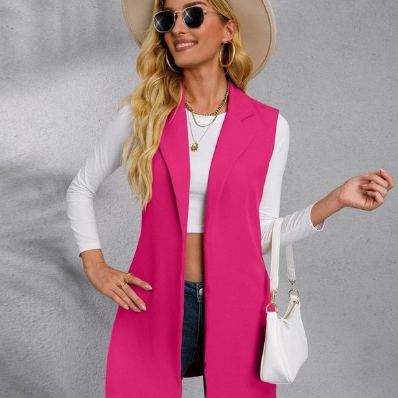 Hot Pink Preppy Womens Solid Lapel Collar Open Front Vest Blazer - Picture 4 of 5